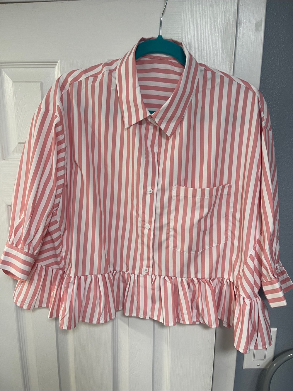 Girls' Pink & White Striped Ruffle Hem Shirt
